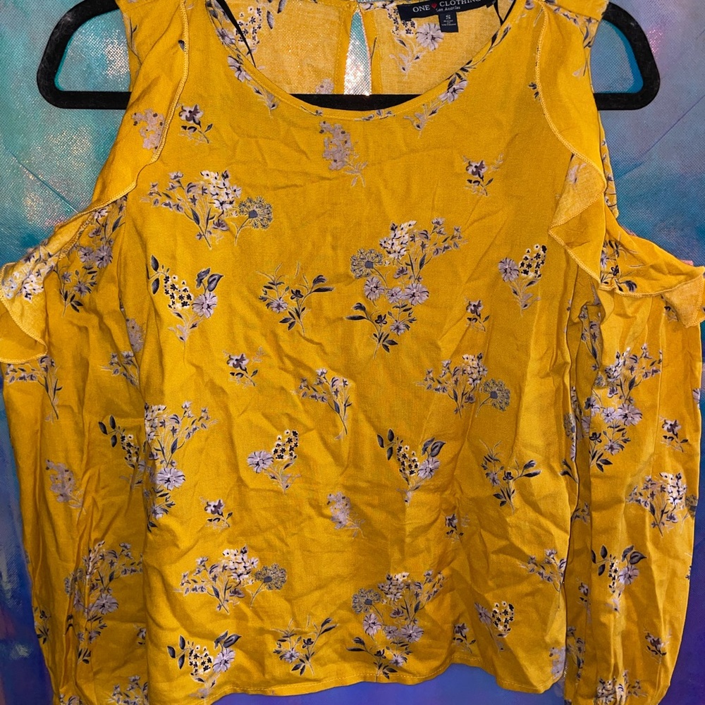 Floral yellow cut out shoulder blouse